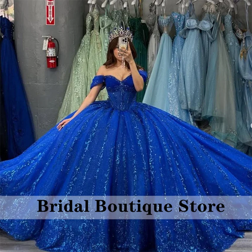 فستان Quinceanera مخصص باللون الأزرق الملكي مكشوف الكتفين مطرز بالترتر Vestidos De 15 Anos XV حفلة عيد ميلاد الأميرة