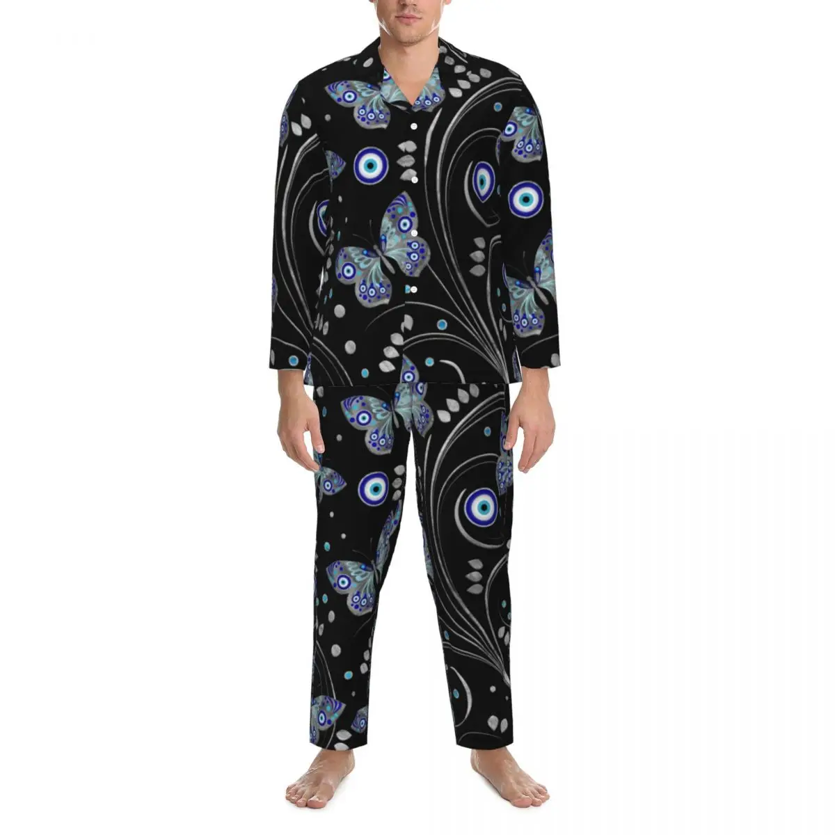 

Butterfly Evil Eye Pajama Sets Autumn Nazar Charm Print Leisure Sleepwear Unisex 2 Piece Vintage Oversize Custom Home Suit Gift