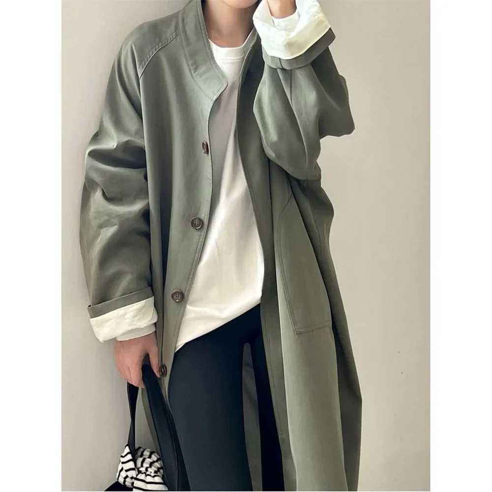 Lazy Loose Stand Up Collar Long Ttrench Coat For Women Spring Autumn Casual British Style High-end Windbreaker Overcoat KX108