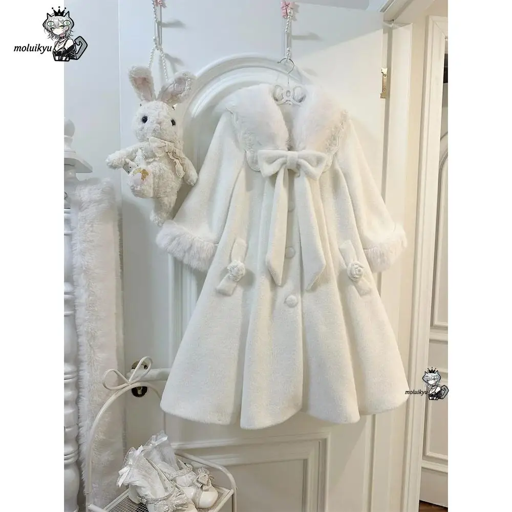 Women Lolita White Wool Coat Faux Fur Collar Mid Length A-Line Overcoat Japanese Cute Harajuku Princes Warm Winter Woolen Jacket