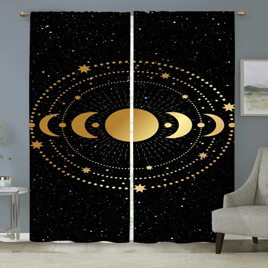 2PCS Digital Print Curtain, Golden Moon Phase Cycle Stars Ring, Astrology Celestial Boho for Living Room Bedroom Decor