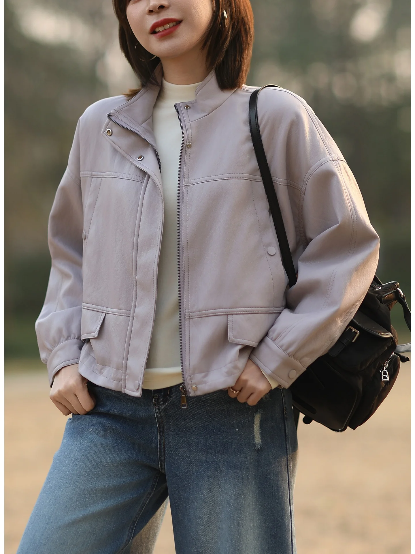 Tree Also レディース カジュアル ショート PU レザー ジャケット ソフトな質感 スタンドカラー 長袖 春のファッション アウター コート