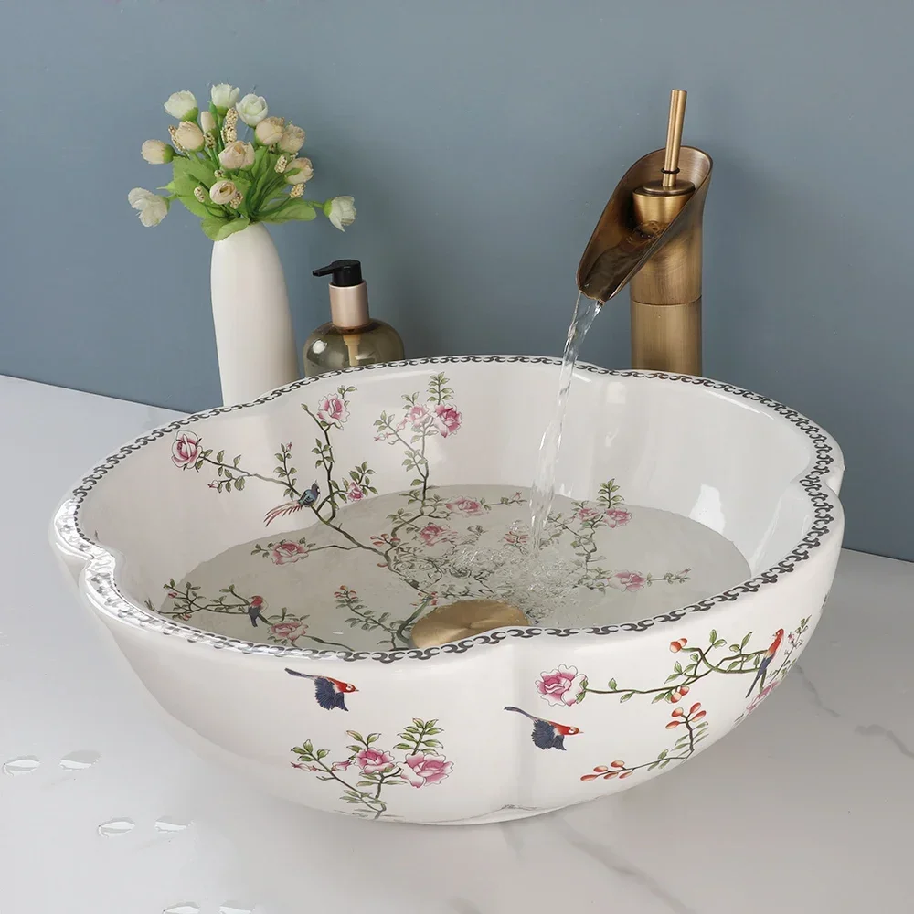 ZAPPO Above Counter Ceramic Vessel Sink For Bathroom Round Petal Shaped Flower & Bird Pattern Wash Basin Bowl Sinks With Faucet