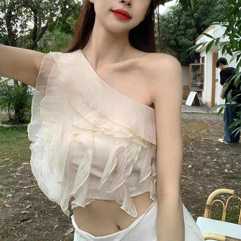 2026 Summer with Ruffle Edge Slanted Shoulder Chiffon Shirt Women's Pure Short Tube Top Fairy Fluttering Top