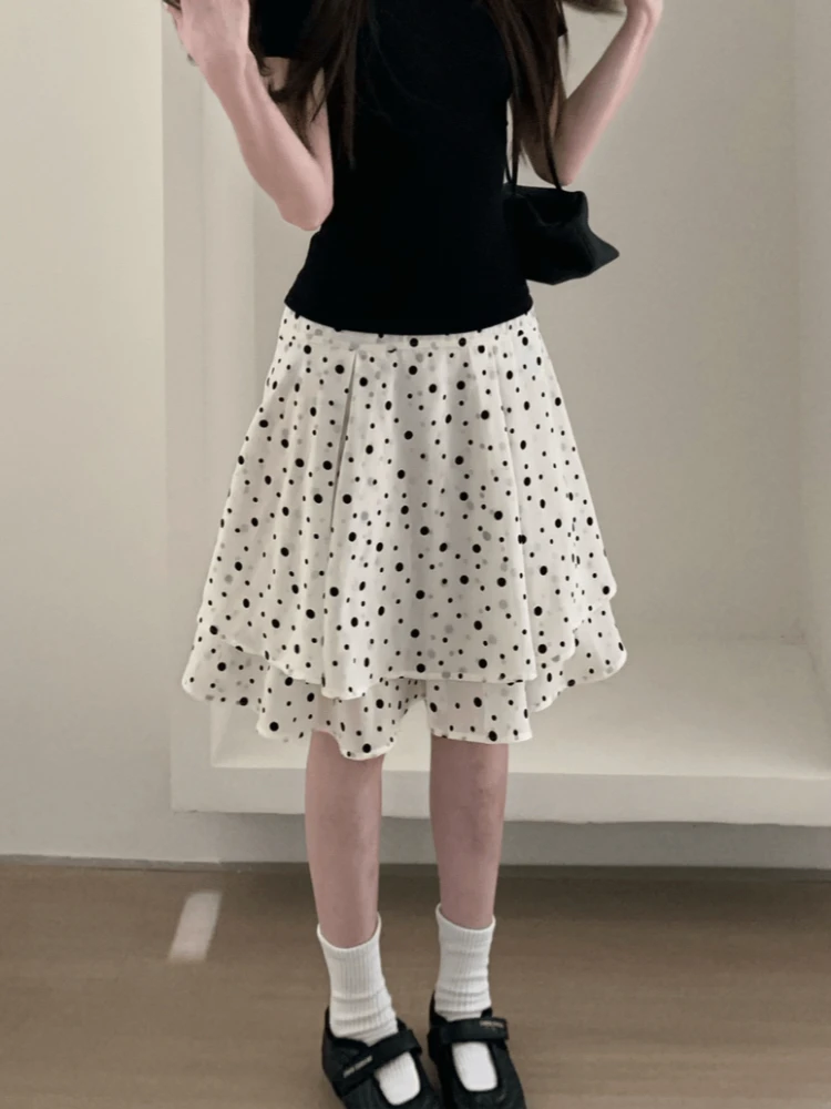 Korean Fashion Polka Dot Tiered Asymmetric White Midi Skirt New Style For Women And Girls Chic Unique Daily Casual Travel Outfit