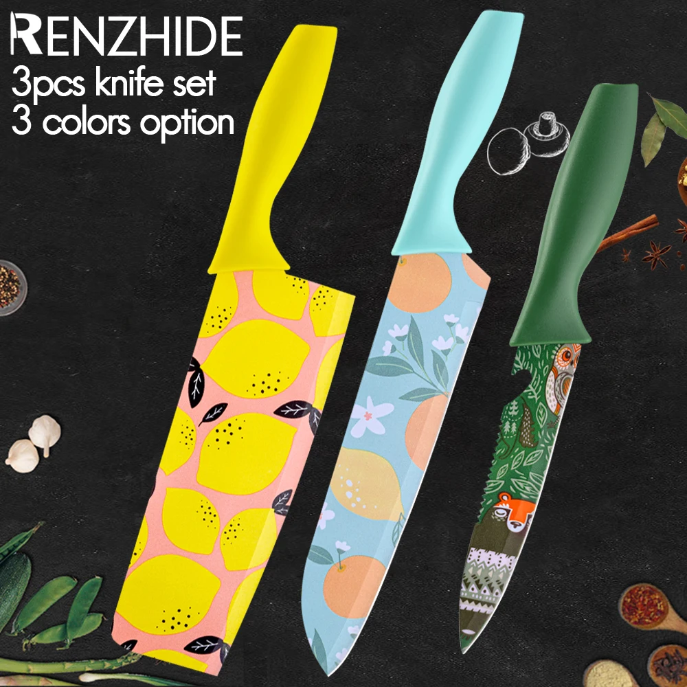 

RZD Stainless Steel Chef Cooking 3PCS Knives Set Pattern Veins Blade Paring Slicing Meat Chopping Cleaver Yellow Green Blue