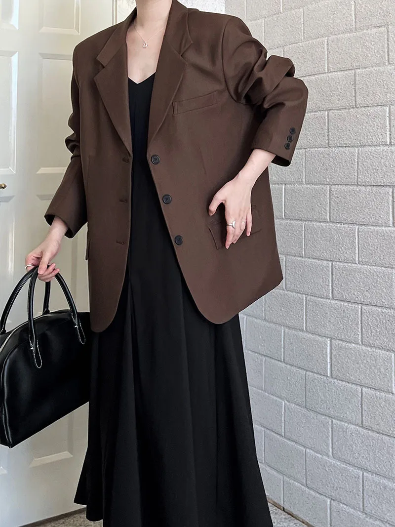 

Woman Brown Blazer Long Sleeve Autumn Button Front Dual Pocket Work Office Suit Jackets