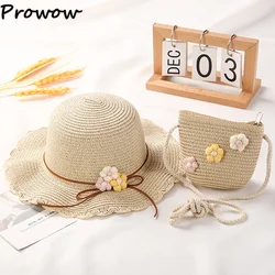 2024 Girls Straw Hat Summer Children Sun Hat Flower Holiday Beach Cap With Kids Bag Street Outdoor Wide Cap For 3-10Y