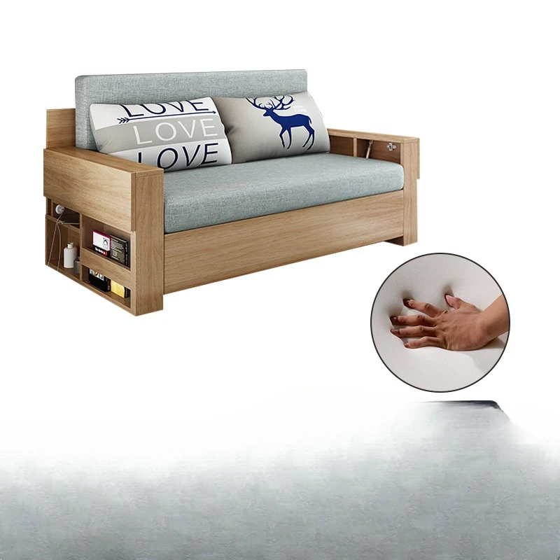 Solid Wood Sofa Bed Small Apartment Multi-Functional Living Room Push-Pull Foldable Internet Celebrity Double  Sofa Bed Dual-Use