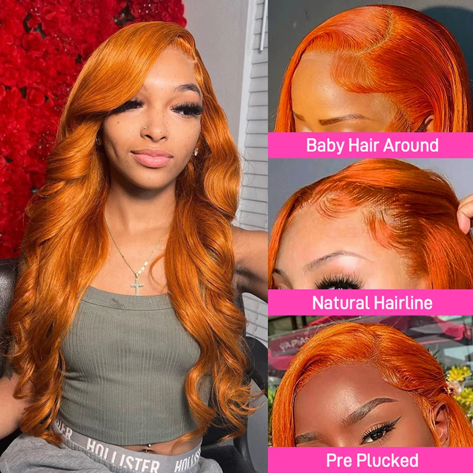 Perruque Lace Front Wig Body Wave Brésilienne Naturelle, Cheveux Orange, 13x4, 13x6, HD, Sans Colle, Pre-Plucked, 30 Pouces, pour Femme