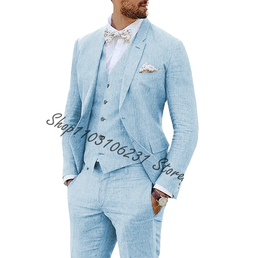 Tailor-made Beach Linen Suits For Men Slim Fit Prom Party Wedding Best Men Groom Tuxedos Blazer Vest Pants 3 Piece Costume Homme