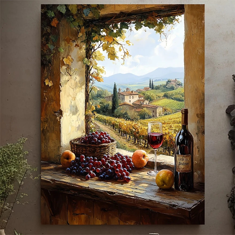 50X80CM 1pc Tuscan Vineyard Wall Art - Italian Wine Still Life Framed Canvas Painting with Grapes, Apples & Wine Bottles, Ru