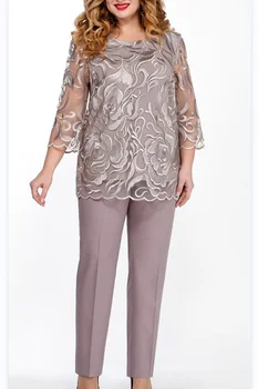 Grote maten mesh-borduurwerk, tweedelige broekpakken met 3/4 mouwen