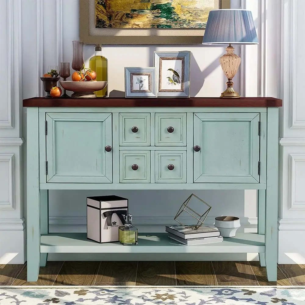 

Farmhouse Buffet Sideboard Table with Drawers and Bottom Shelf Console Table for Living Room Dining Room Kitchen (Retro Blue)