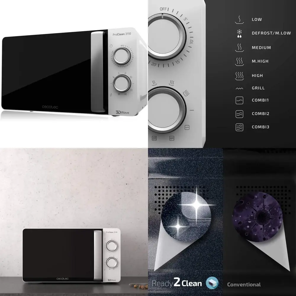 Cecotec Microondas con Grill ProClean 3110. 700 W, Grill 800 W, 20 L de puta, Tecnología 3D Wave, Modo Descongela stuff, 6 Niv