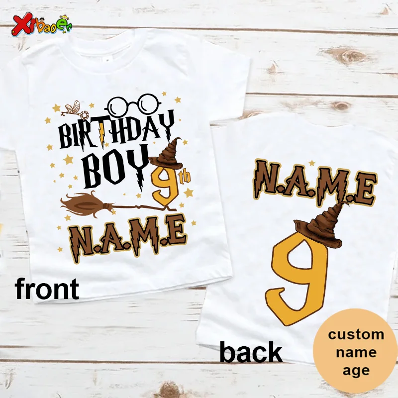 Magic Broom Wizard Birthday Shirt KidsT Shirts Party Outfits Boys Custom Name Shirts Baby Girl Clothes 9th Birthday Girl T Shirt