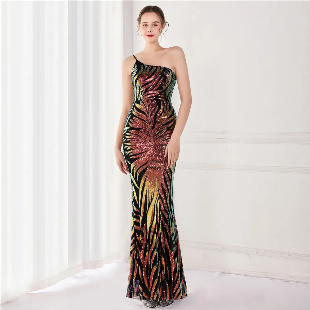 Multicolor Real Photos Sexy Sequin Mermaid One Shoulder Evening Dresses Bridesmaid Wedding Party Formal Prom Floor Length