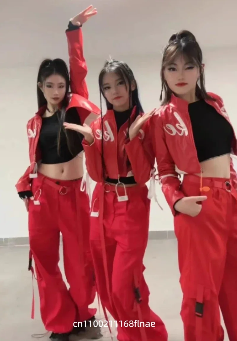 Rotes, dehnbares, figurbetontes Kpop-Girlgroup-Jazz-Tanzkostüm-Set für Damen, Bühnenkostüm für Erwachsene, Gruppentanz-Show-Kleidung – Detail 1