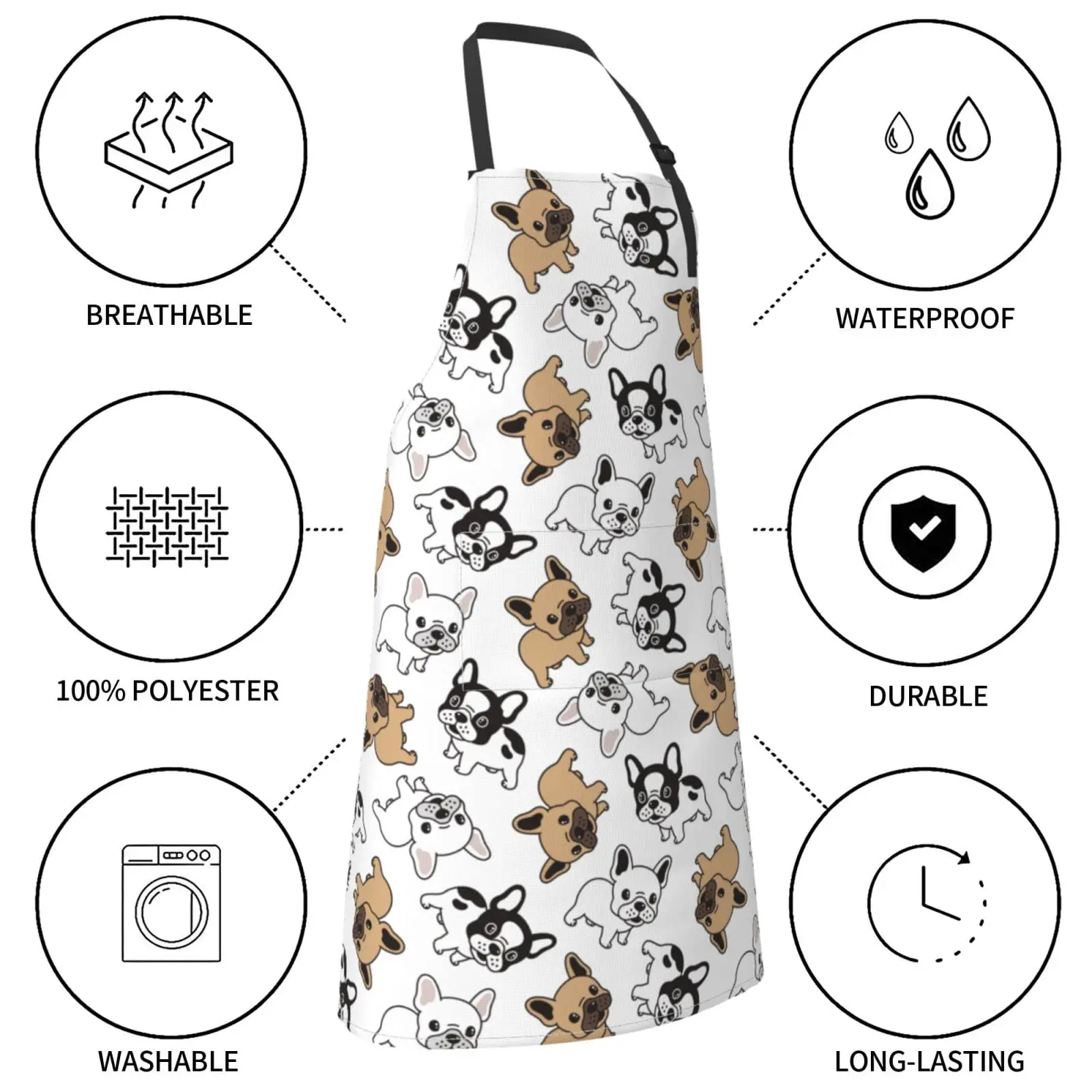 Bulldog Dog Puppy Waterproof Bib Apron with 2 Pockets, Adjustable Kitchen Chef Apron for Men Women Cooking Grooming Bbq