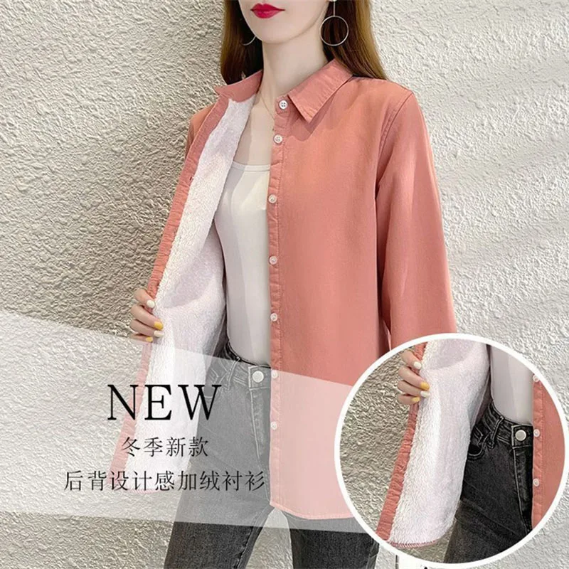 Fashion Add Velvet Warm Shirt Women's Blouse Shirt  2023 Autumn Winter New Thicken Bottoming Shirt Casual Shirt Jacket Female To