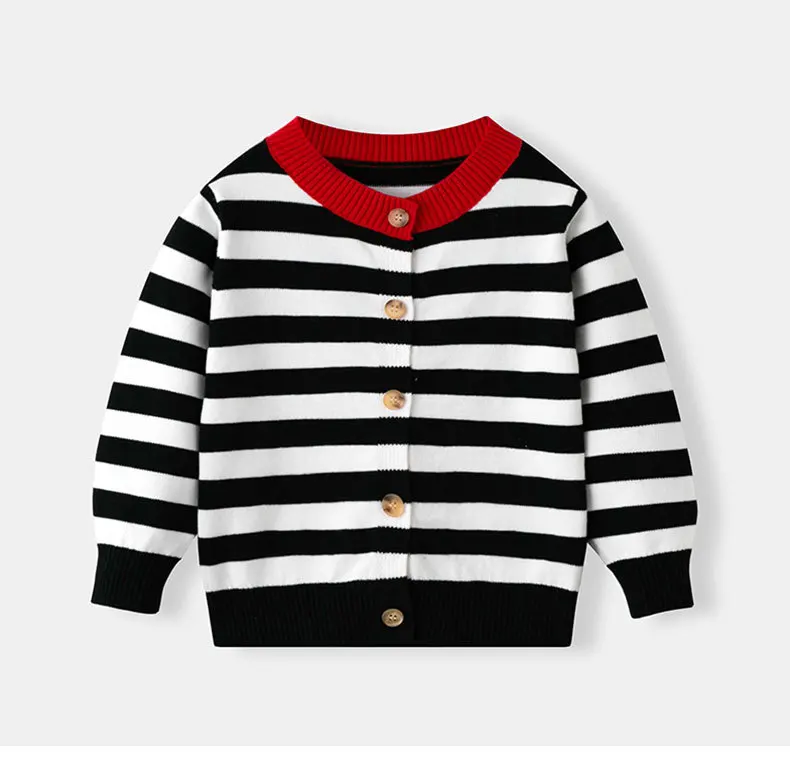 سترة ربيعية مخططة من القطن الخالص باللون الأسود والأبيض للأولاد والبنات والأطفال - ملابس خارجية سترة محبوكة