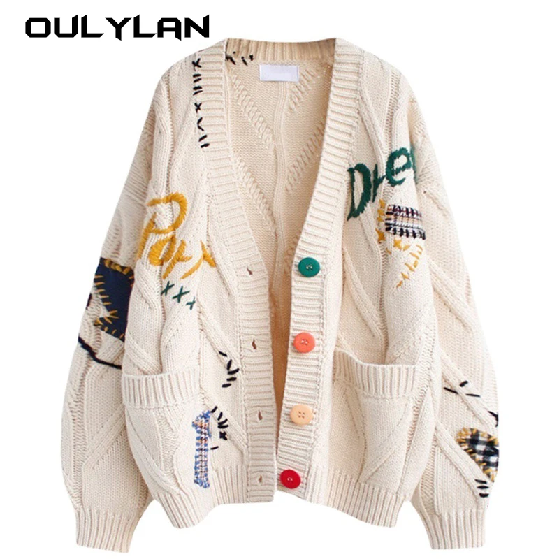 

Casual V-neck Printed Splicing Knitted Embroidery Cardigan Outwear Women 2024 Autumn Winter Sexy Loose Streetwear Sweaters