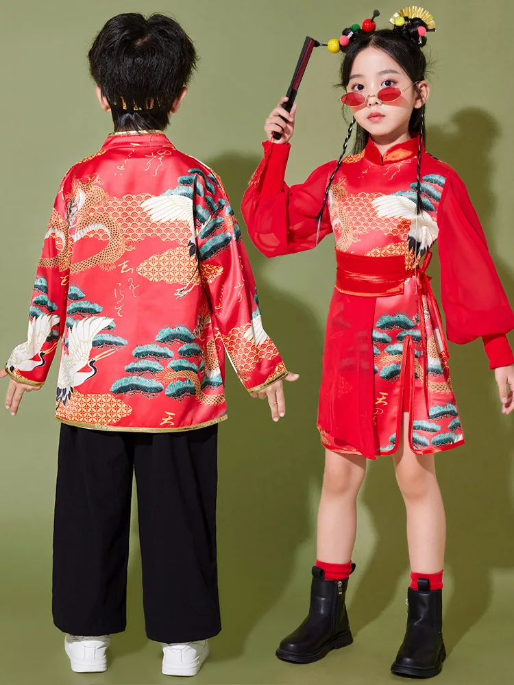 Kids Cheongsam Hanfu Costume Dragon Print Red Tops Black Pants for Girls Boys Chinese Traditional Clothing