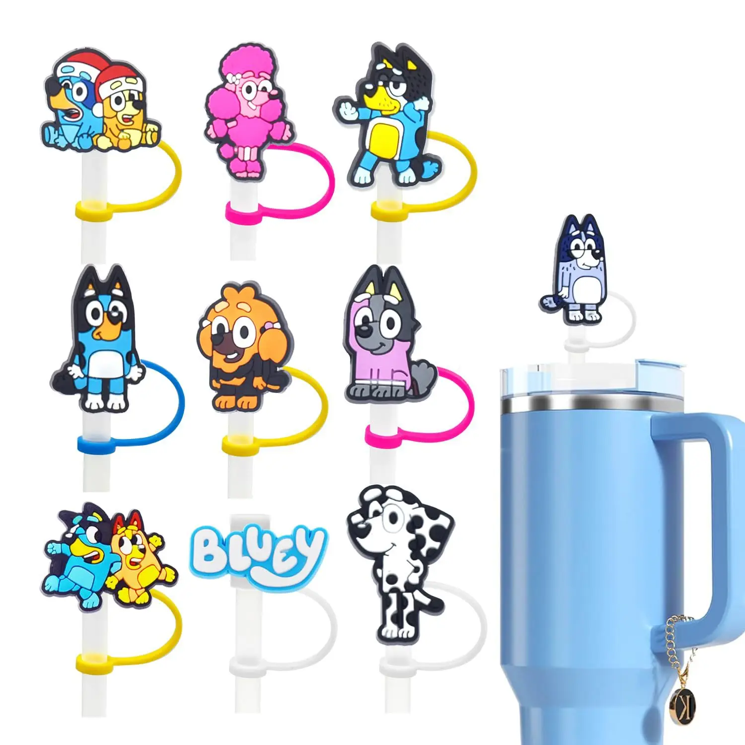 9Pcs Bluey Straw Cover Cap Cartoon Drink cartoon dog Straw Plug Reusable Dustproof Splash Proof Drinking Cup Straw Cap Gifts