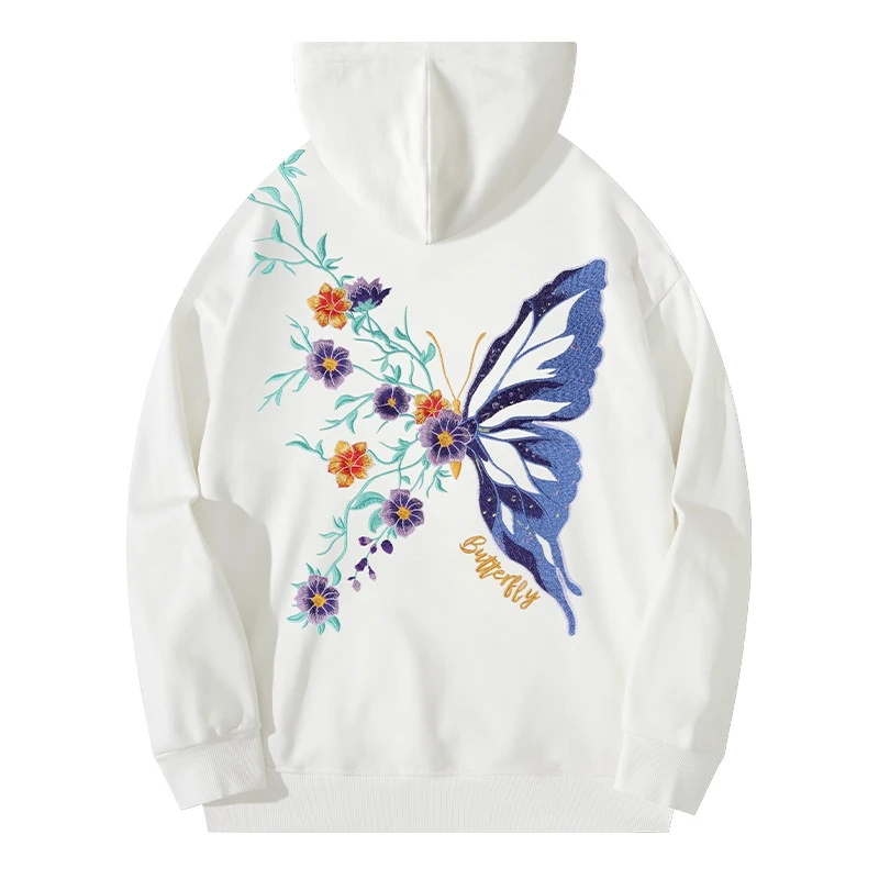 Lyprerazy New National Trend Butterfly Flower Embroidered Hooded Sweater Street Casual Pullover Male Couple
