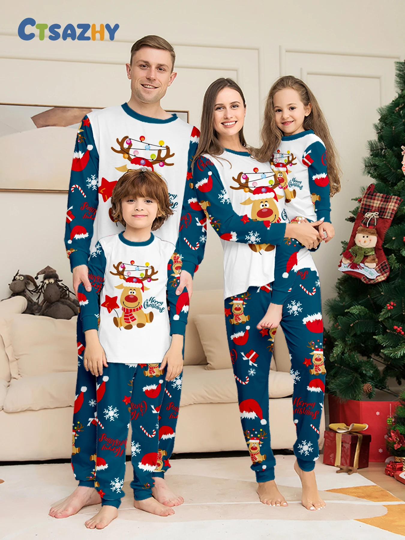 

Family Matching Xmas Sleepwear - White Tops (Navy Sleeves), Reindeer Motif