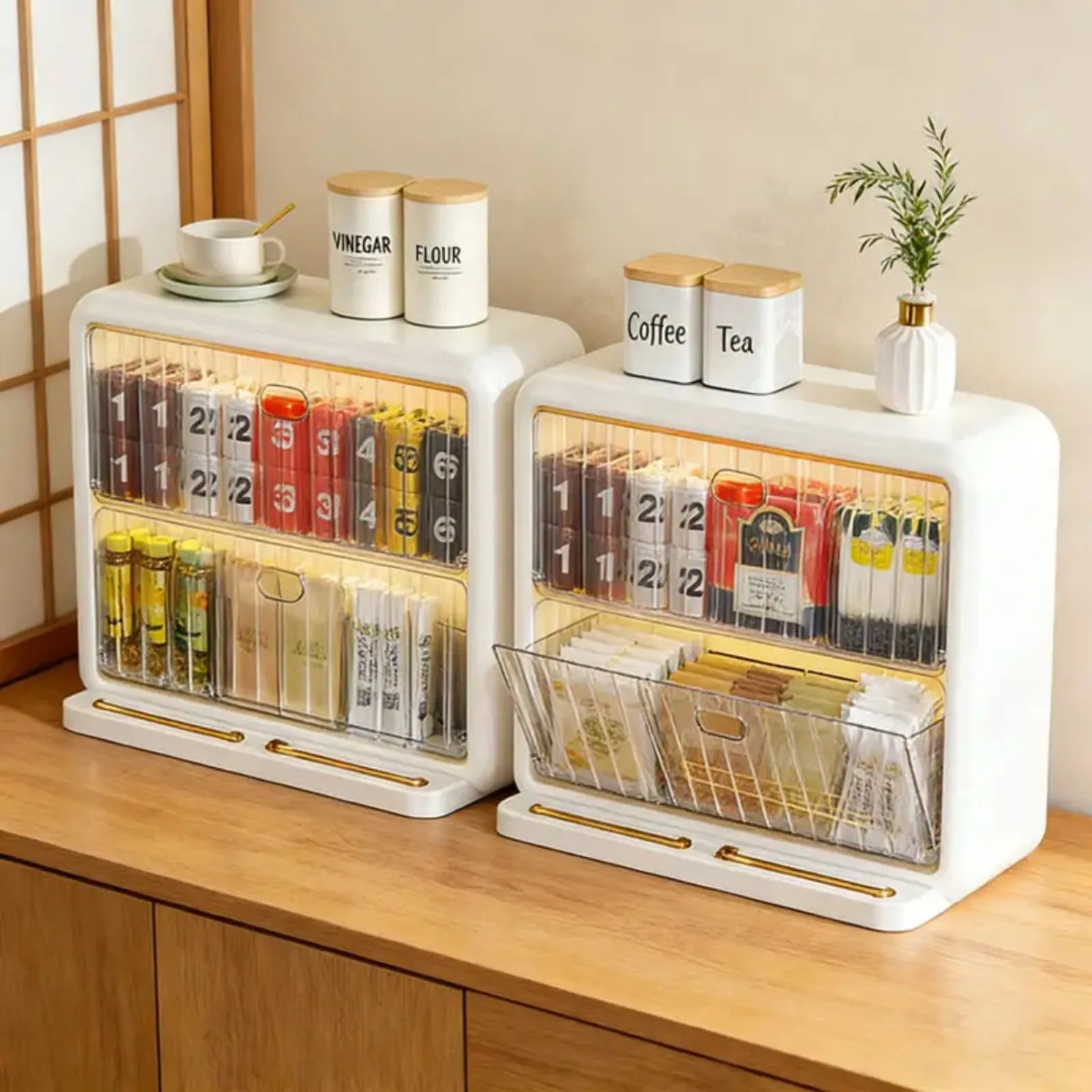 Tea Storage Box with Dustproof Cover Multi Compartment Organizer Coffee Pod Holder Sugar Packet Dispenser Kitchen Countertop