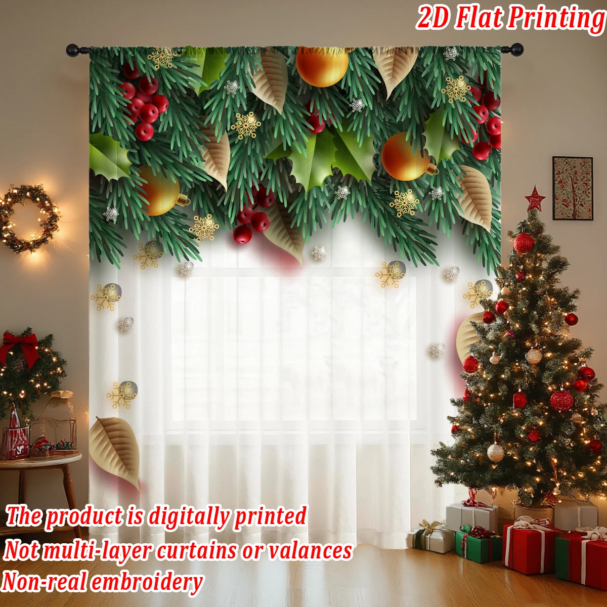 ستارة شفافة مطبوعة مسطحة لعيد الميلاد مع زخرفة ندفة الثلج على شكل ورقة عيد الميلاد لغرفة المعيشة وغرفة النوم وحفلات العطلات