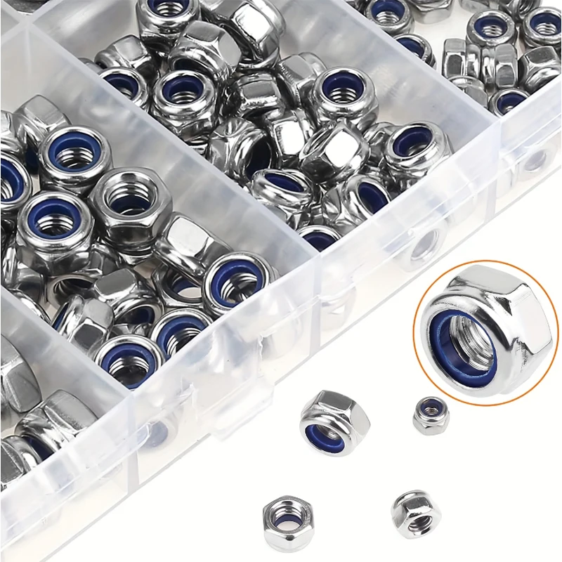 230pcs 304 Stainless Steel Metric Lock Nut Kit: Hex Nylon Insert M3-M8, Polished, Anti-Corrosion, DIN985, Prevents Bolt Loosenin