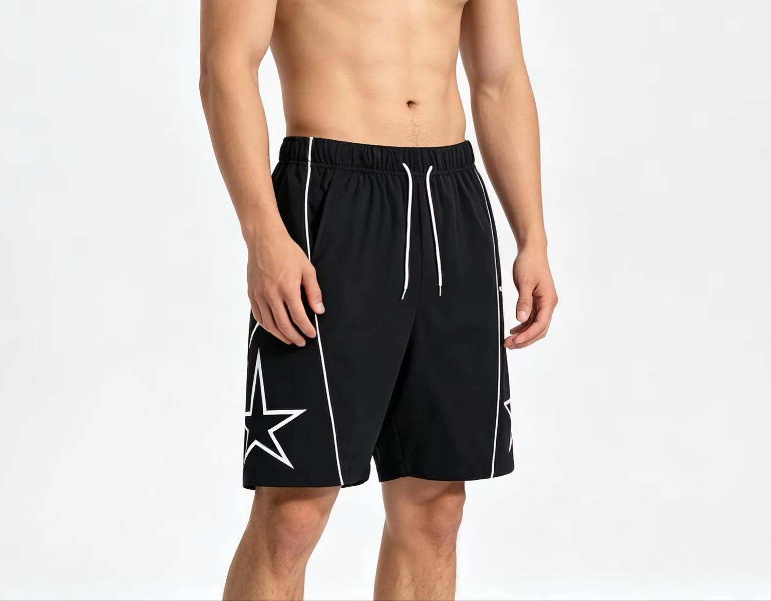 Pentagonal Printed Shorts Black White Contrasting Stripes Lightweight Breathable Fabric Fashion Casual Wear Trend Thin Shorts