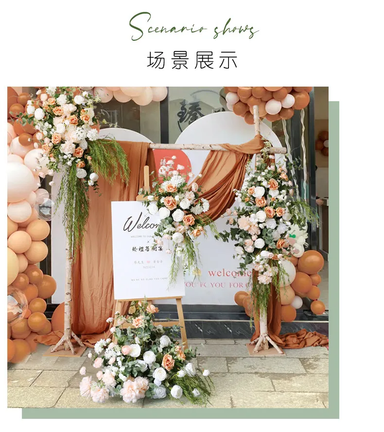 Champagnerweiße Rose mit grünen Blättern, hängende Blumenreihe, Dekoration für Hochzeitshintergrund, Tischdekoration, Ballveranstaltung, Gangdekoration, Bodenblumenrequisiten – Detail 7