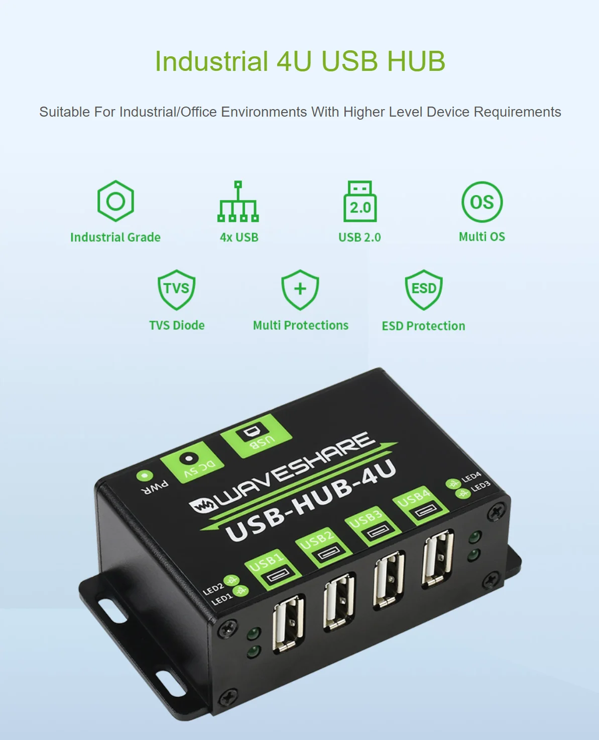 Industrial Grade USB HUB Extending 4x USB 2.0 Ports USB-HUB-4U-NP