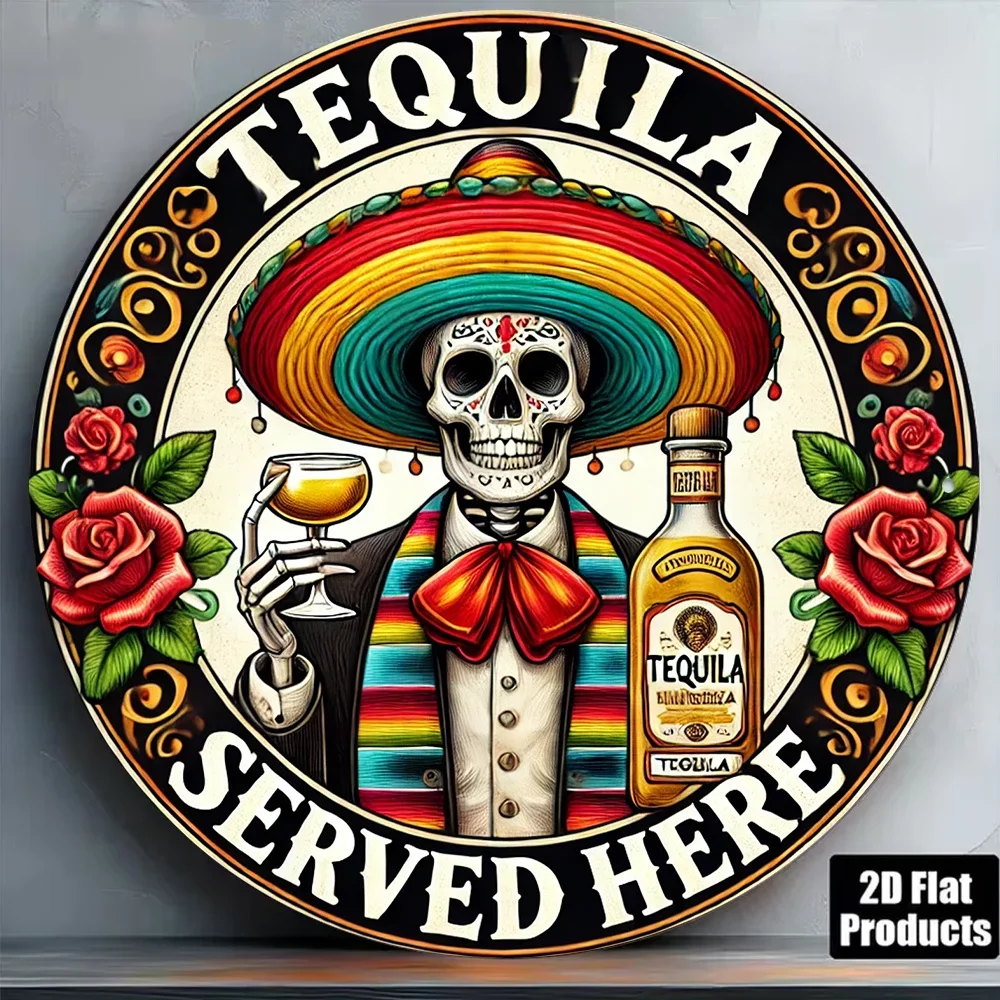 Plaque en bois circulaire plate 2D, plaque en bois rétro sur le thème du « Tequila Skull », décoration sur le thème du « Jour des Morts mexicain »