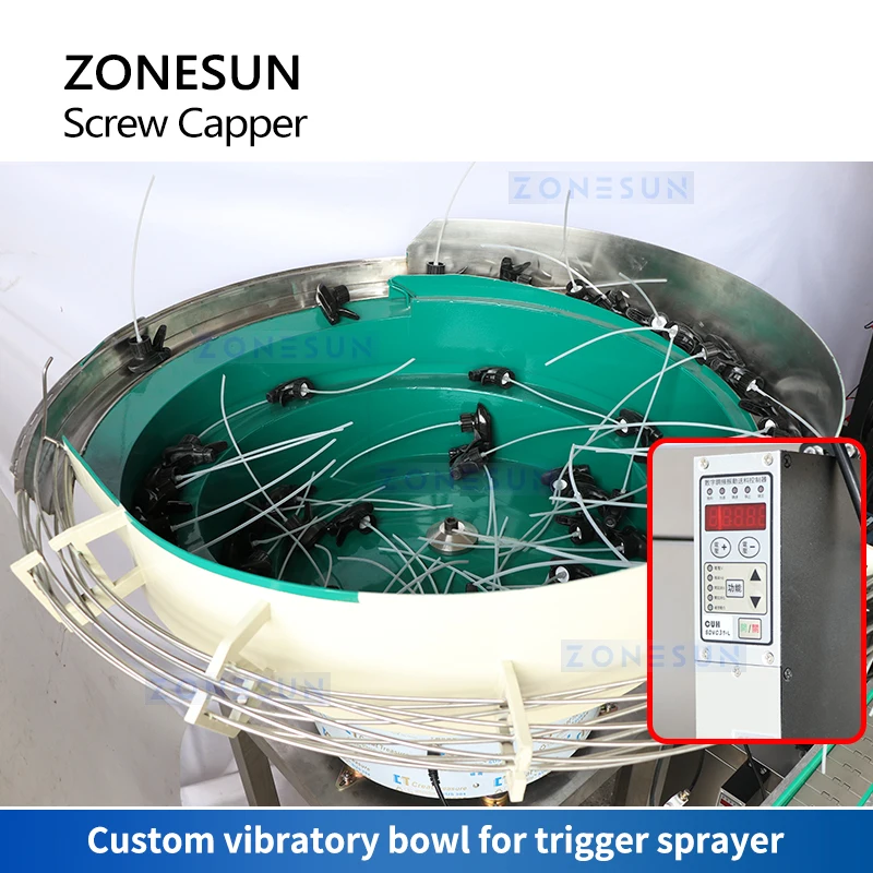 ZONESUN ZS-XG445 AutoTrigger Sprayer Capping Machine Servo Motor Screw Capper Bottle Sealing Machine with Vibratory Bowl Sorter