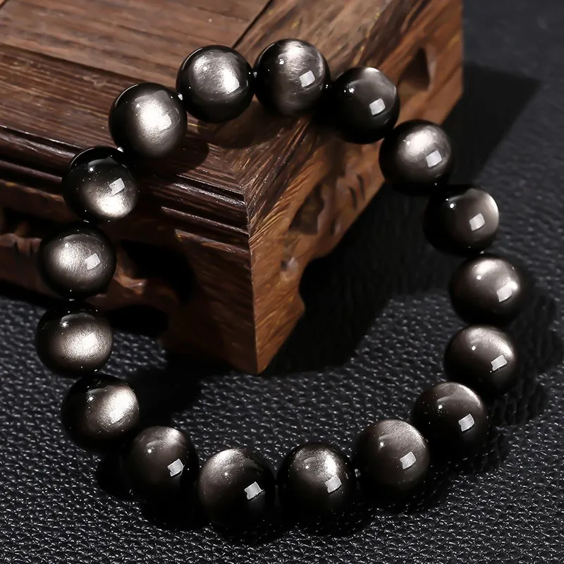 JD 8A Quality Natural Silver Color Irisation Obsidian Strand Bracelets Women Men Energy Balance Flash Bangles Stretch Jewelry