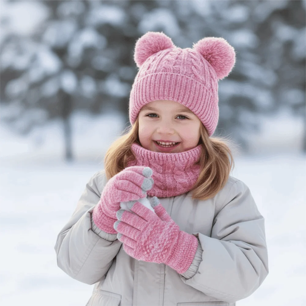 

Cute Pompom Baby Hat Scarf Gloves Set Warm Ears Keep Warm Toddler Knitted Hats Thickened with Velvet Hat Set Christmas Gift
