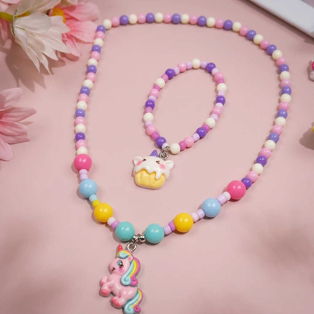 2pcs Colorful Cartoon Unicorn Flower Animal Child Sweater Necklace Bracelet Girl's Gifts Children's Jewelry Kids Toys