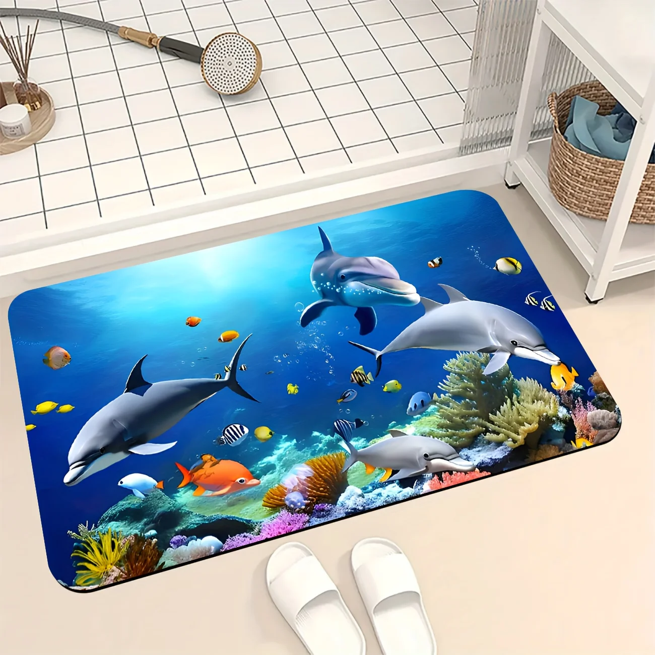 2D Flat Dolphins Fish Coral Reef Underwater Scene Flannel Area Rug Non Slip Marine Life Carpet For Living Room Bedroom Floor