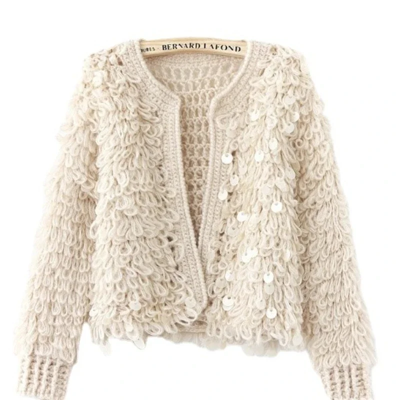 Woman Sequins Mohair Hollow Knitted Cardigan Sweater Tassels Jacket Sequined Fashion Short Coat Open Stitch Streetwear