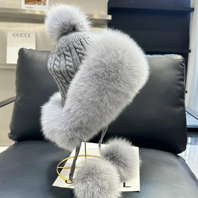 Echte vossenbontmuts Gehoorbescherming Bontmuts voor dames Winter Pluizige echte bontmutsen Outdoor Koudbestendige pet Luxe gebreide bontmutsen