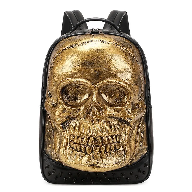 

Personalized 3D Stereo Computer Backpack, Halloween Essential Skull Head High-Quality Durable Leather Bag Rivet Schoolbag