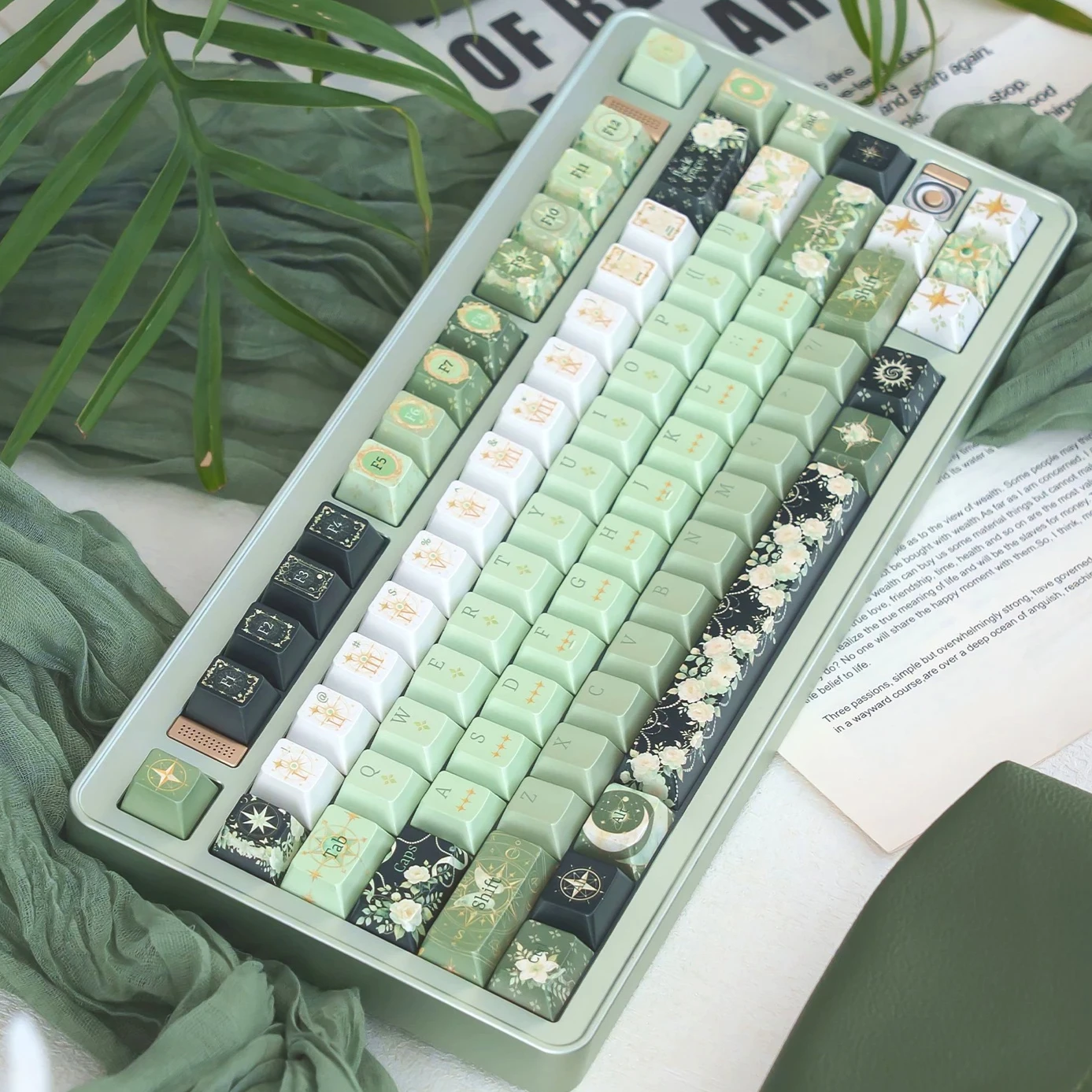 MAIMOOO Keycaps Green Night Astrology Pearl Metallic Paint Texture Cherry Pbt Diy Rain Aula Ajazz Keycap Green White Flowers