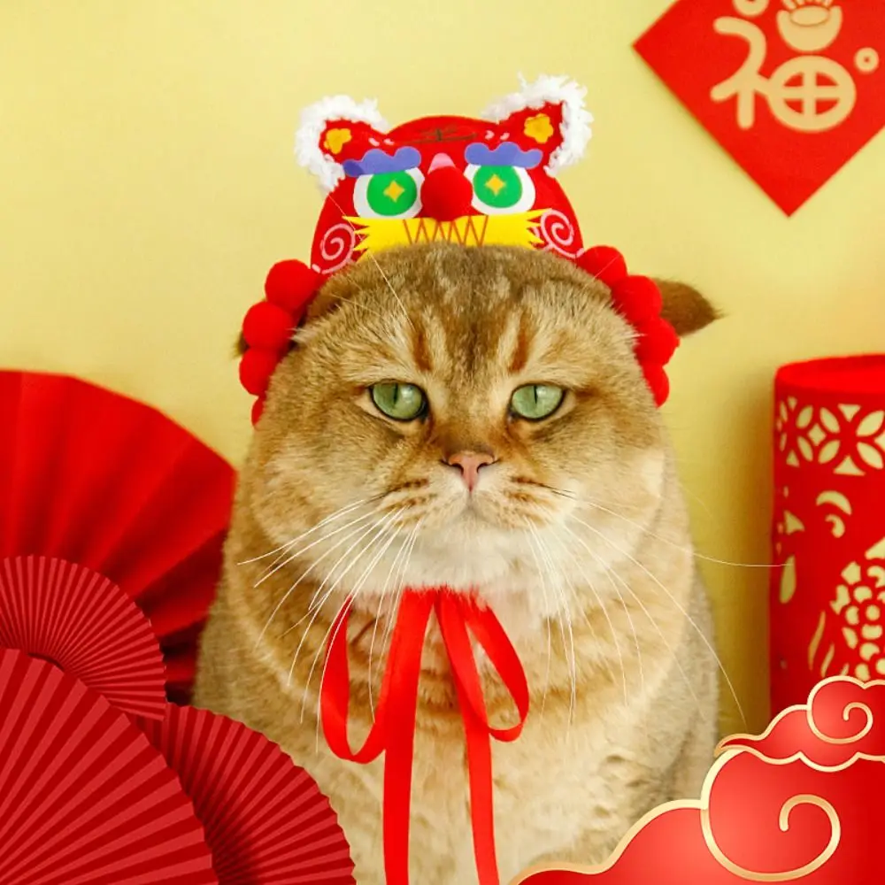 Cute Cat New Year's Tiger Head Hat Stylish Cartoon Dog Spring Festival Decoration Comfortable Adjustable Pet Clothing Kitten