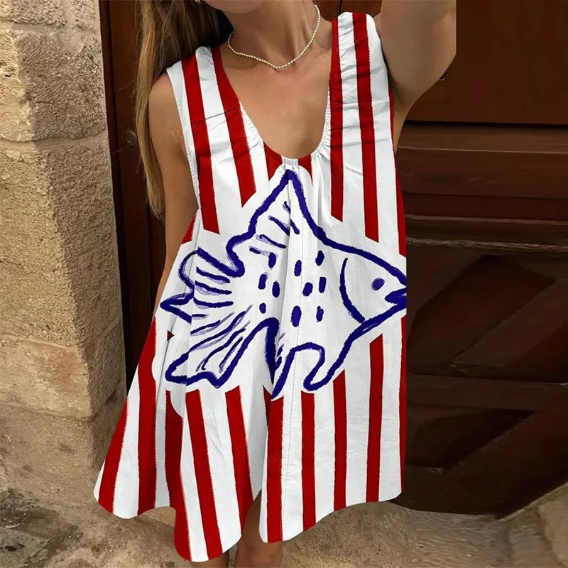 Summer Sleeveless Dot Print Boho Woman Dress New Casual Contrast Color A-Line Long Dress Elegant Loose Simple U Neck Beach Dress