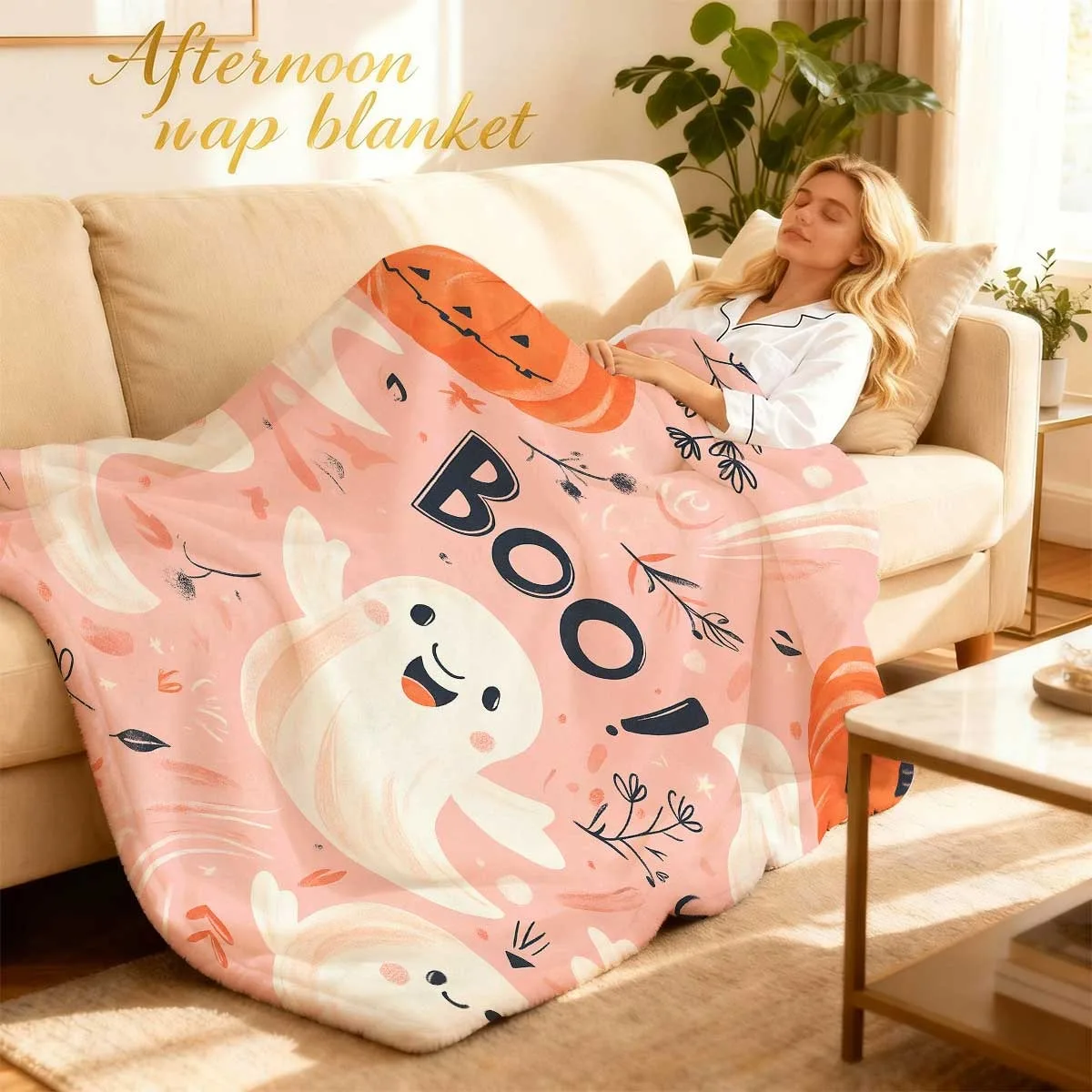 1pc Pink Themed Cute Pumpkin Ghost Print Blanket, Soft Flannel Throw, Allseason, Cabin Style, Polyester, Digital Print, 200250G Fabric, Home And Kitchen Bedding, No Embellishments, Mi