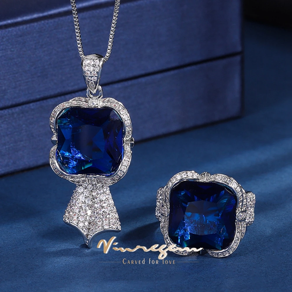 

Vinregem Vintage 14 MM Synthesis Sapphire Gem Gifts Anniversary Sparkling Ring/Necklaces for Women Luxury Jewelry Set Wholesale